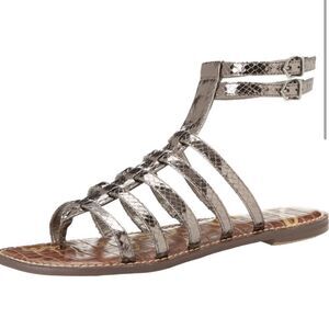 Sam Edelman GILDA Gunmetal Silver Snakeskin Open Toe Buckle Gladiator Sandals